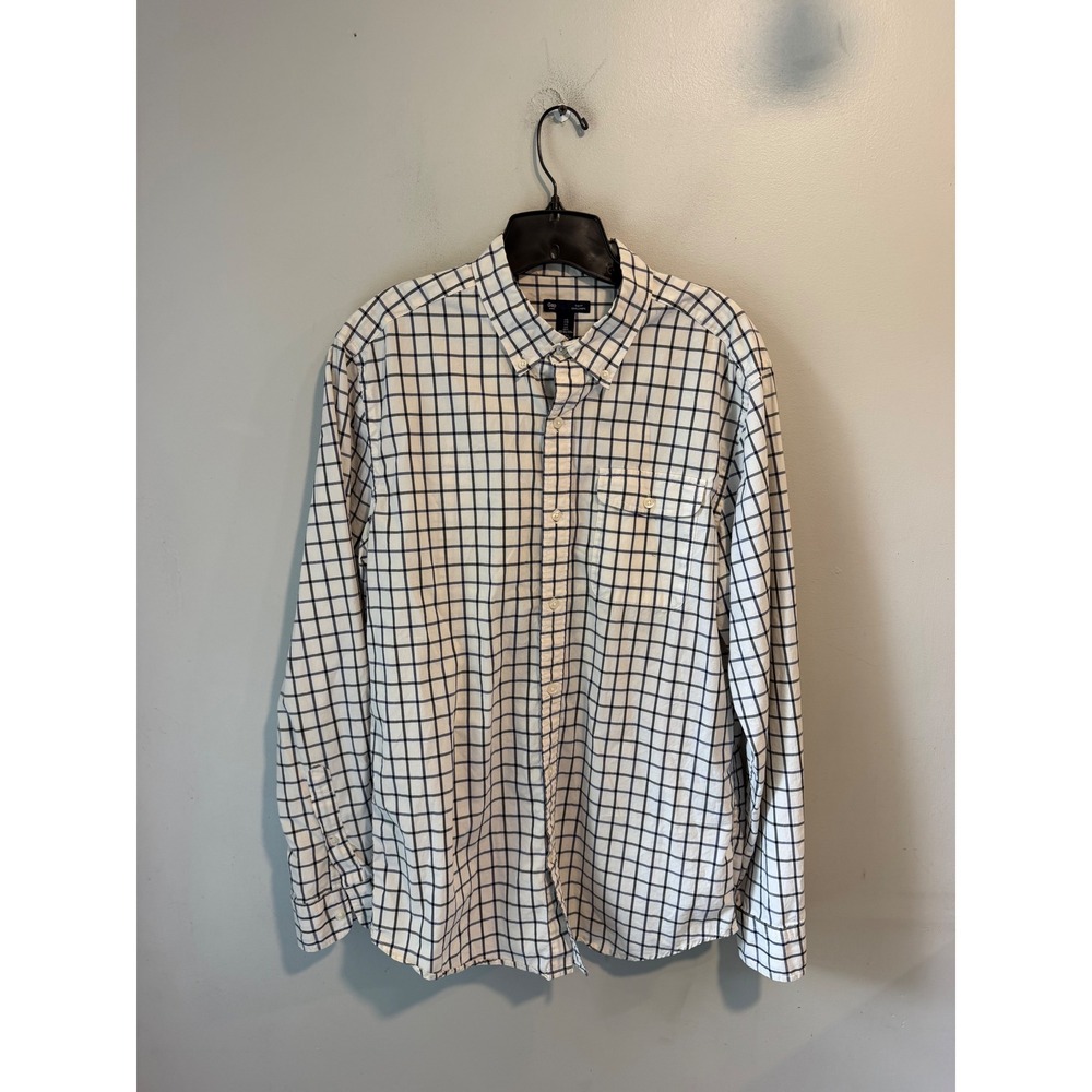 Gap Mens Slim Fit Long Sleeve Button Down Shirt White Navy Windowpane Check L